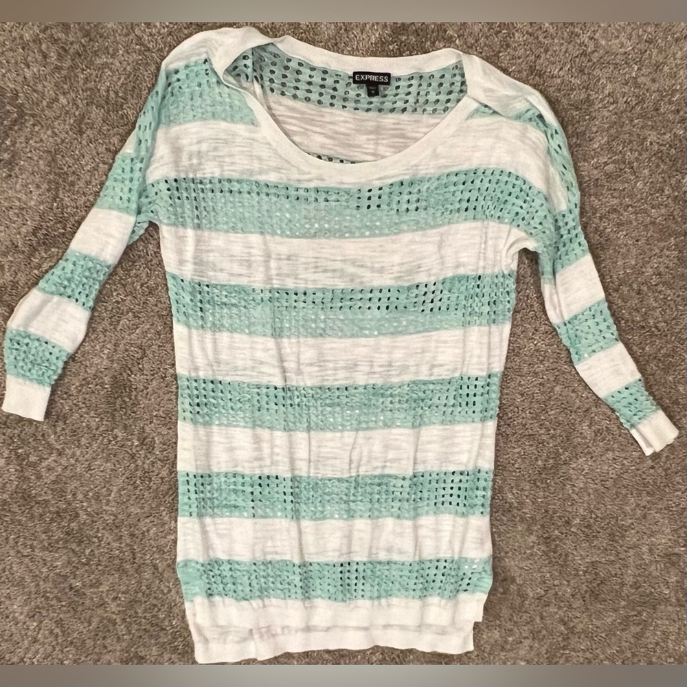 Express Women's Light Green and White Striped Sweater